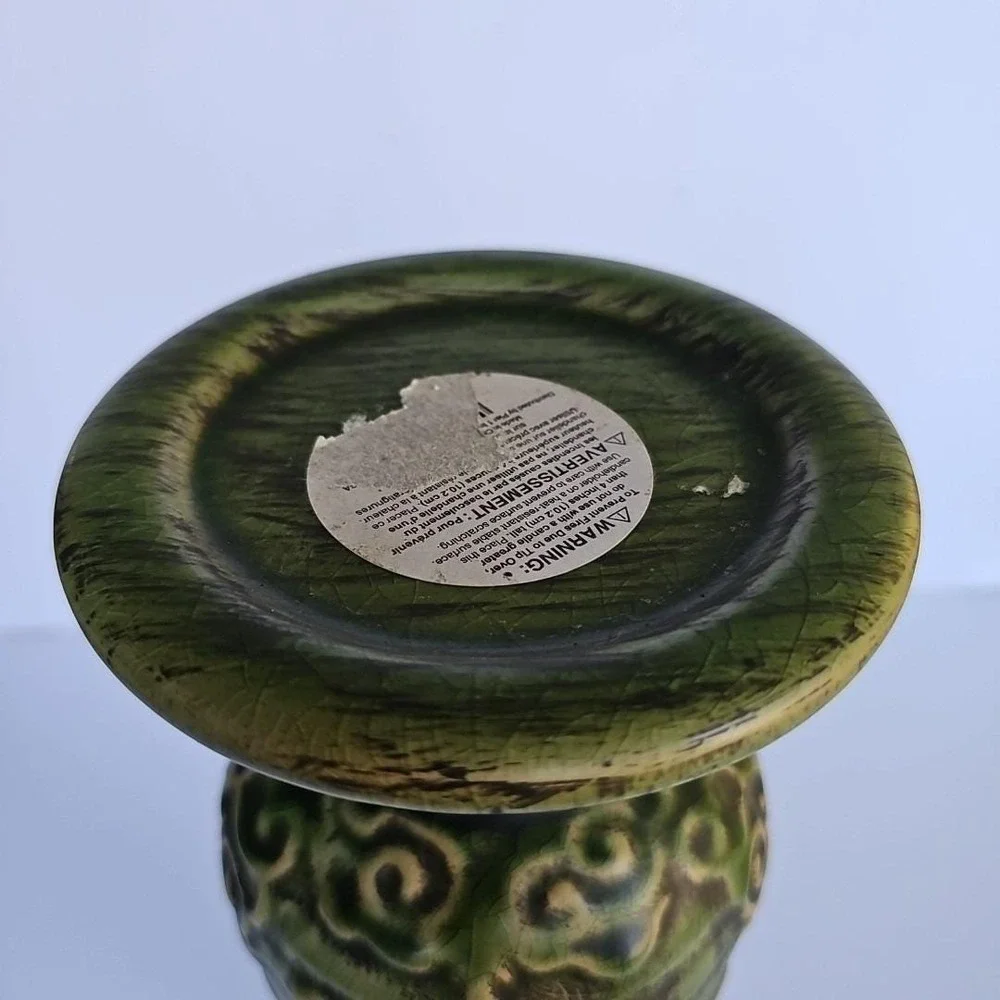 Vintage Pier 1 Imports Green Crackle Glaze Scroll Pillar Candle Holder 12